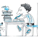 Fiú tanul az asztalnál a kutyájával