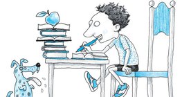 Fiú tanul az asztalnál a kutyájával