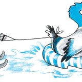 Béka vízisíel a gumikacsás kiskacsával