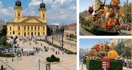 Debrecen főtere a Református Nagytemplommal. A debreceni virágkarnevál