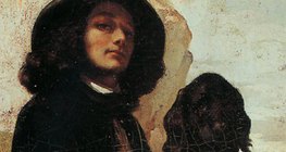 غوستاف كوربيه: صورة ذاتية مع كلب أسود (1844، واقعية، جزء تفصيلي)