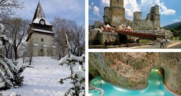 Miskolc: Az avasi harangtorony · A diósgyőri vár · A miskolctapolcai barlangfürdő