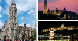 A Budavári Nagyboldogasszony-templom · Esti fényben fürdik a Nagyboldogasszony-templom és a Halászbástya. · A Budavári Palota és a Lánchíd esti fényei
